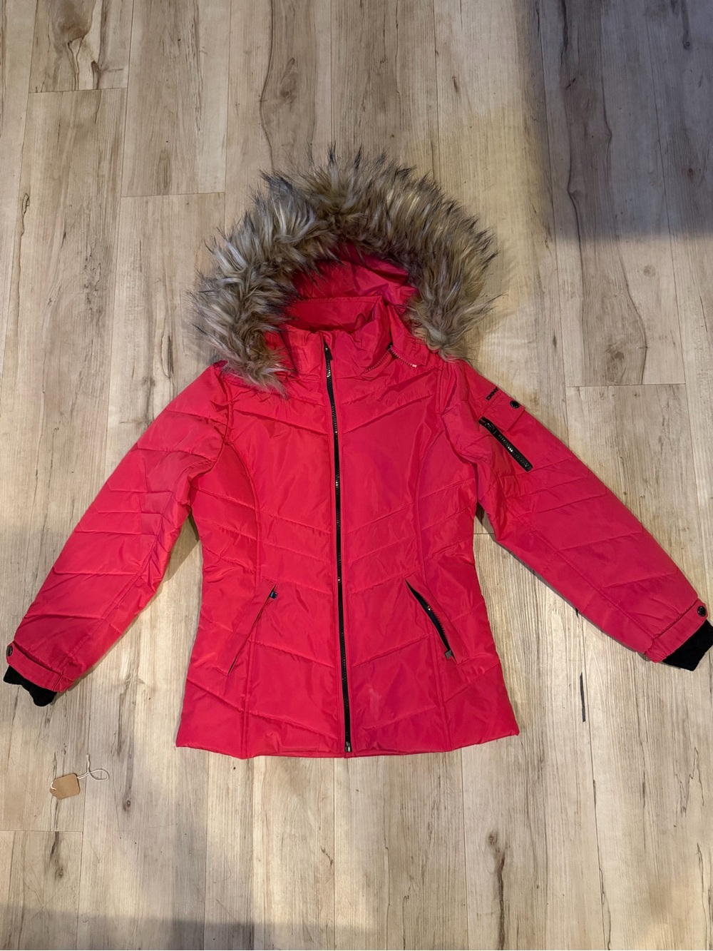 DKNY Red Women's Hooded Puffer Coat with Faux Fur Trim
